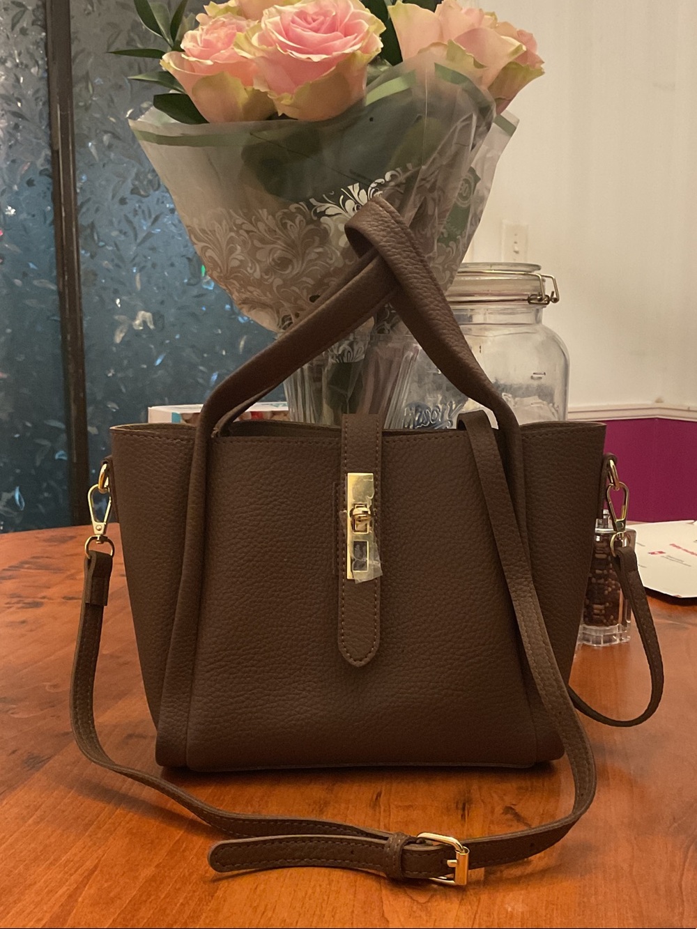 Structured Brown Pebbled Satchel with Gold-Tone Hardware